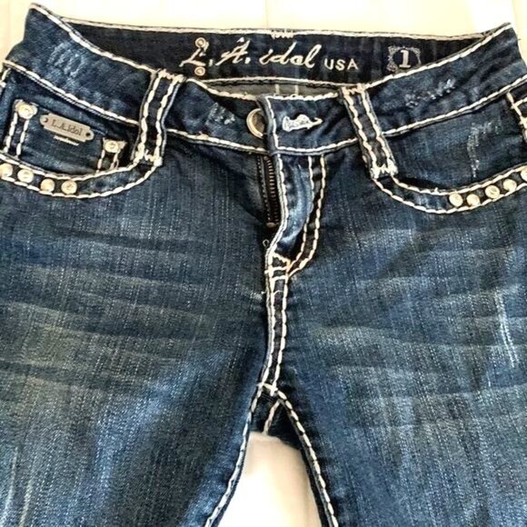 Aidal USA Womens Denim Capri Jeans W27 L12 Size 1 Dark Wash Studded Rolled Hem - Picture 2 of 9